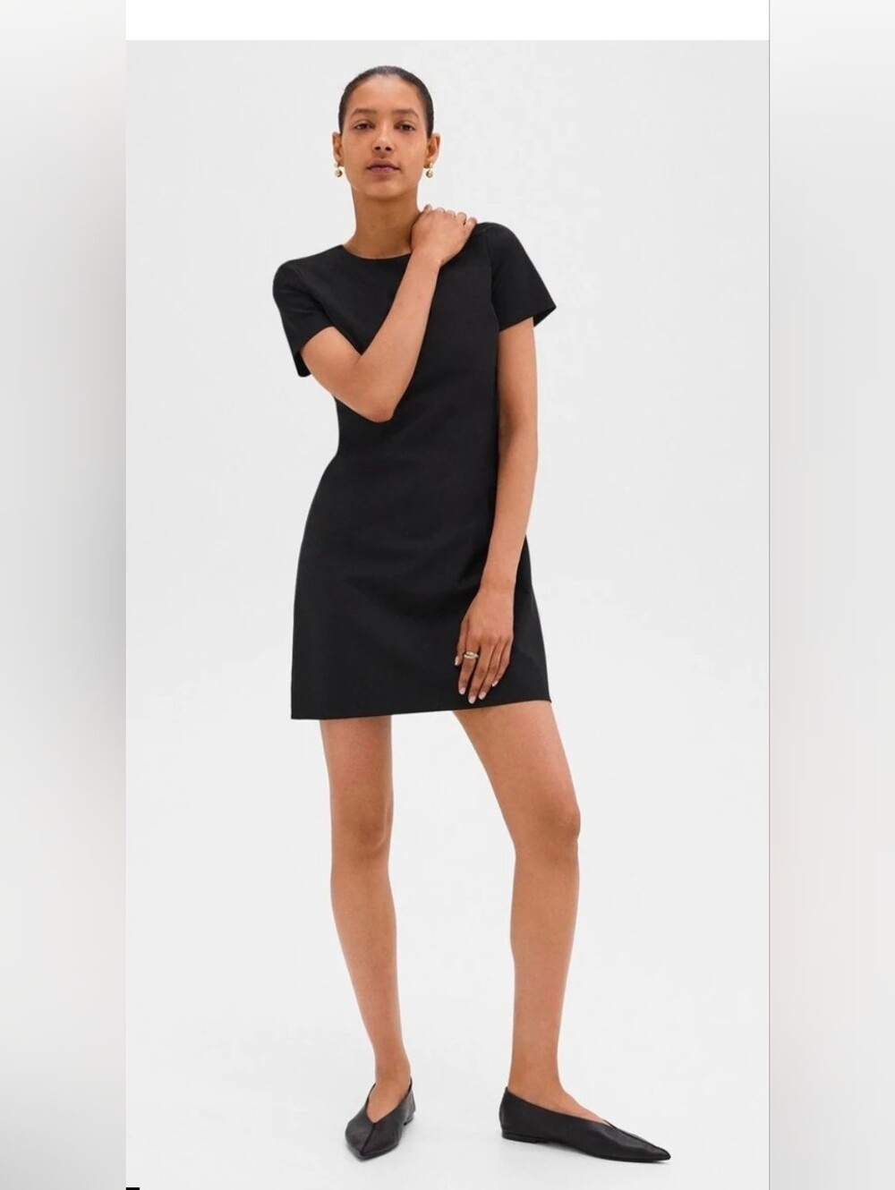 Theory Black Good Wool Short Sleeve Cuffed Dress Size 0 Bateau Neck LBD